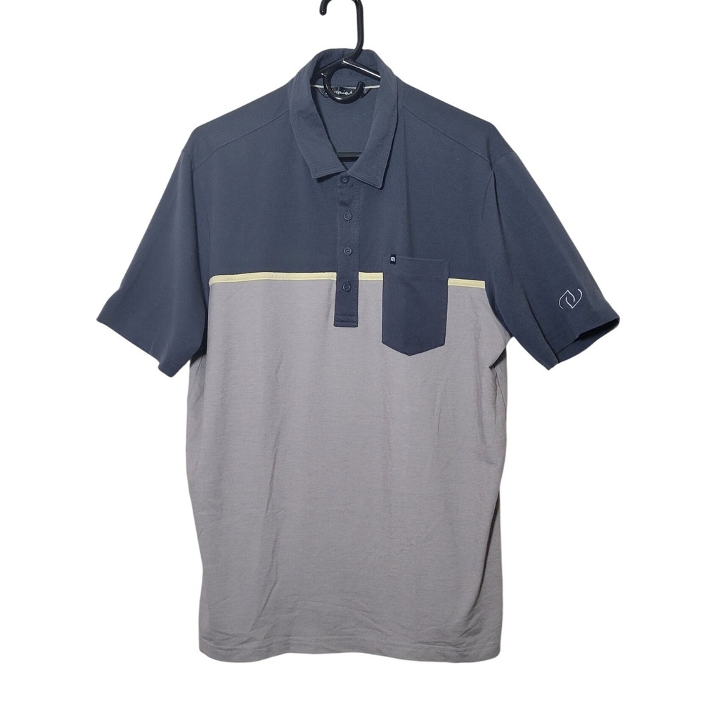 Travis Mathew Mens Large Golf Polo Shirt Blue Gray Short Sleeve Button Up Pocket